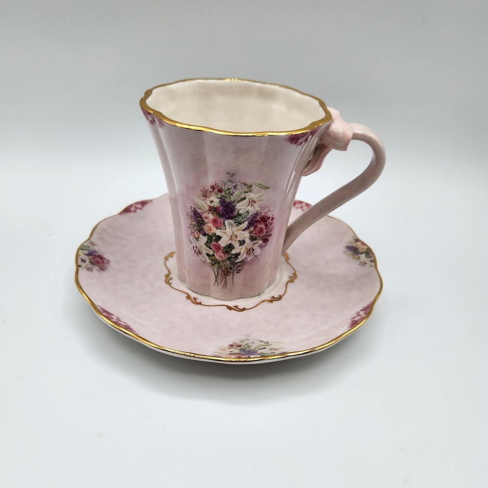 Bradford Editions Lena Liu Lavender Lily Tea Cup and Saucer Set Gold Trim Pink
